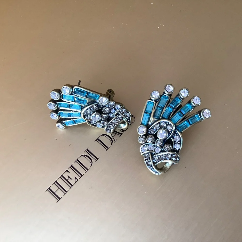 HEIDI DAUS Crystal Hue Persuasion Button Art Deco Earrings Turquoise Omega Backs